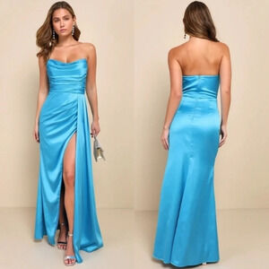 Lulus Ethereal Excellence Teal Blue Satin Pleated Strapless Maxi Dress Party